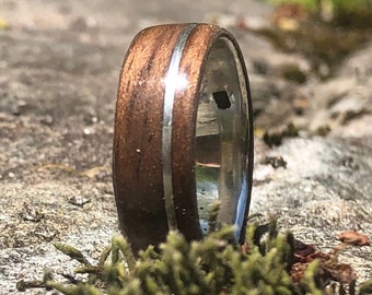 Mens Wedding Bands 925 Silver men wedding ring inlaid with simple Bentwood and Offset Silver inlay,