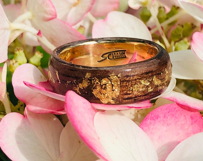 14k Gold Wedding Ring for Women, Recycled Wood Band, 24k Yellow Gold Leaf, Canadian Made, Eco-Friendly Bridal Band