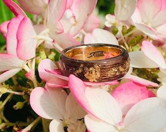 14k Gold Wedding Ring for Women, Recycled Wood Band, 24k Yellow Gold Leaf, Canadian Made, Eco-Friendly Bridal Band