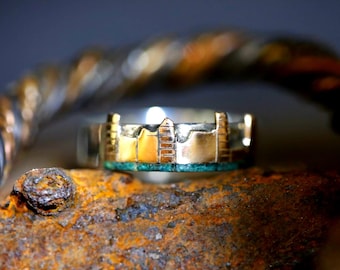 The New Yorker Girl's Ring, Silver ring with Bronze Building and Green Malachite Central Park inlay, Promise ring, engagement ring