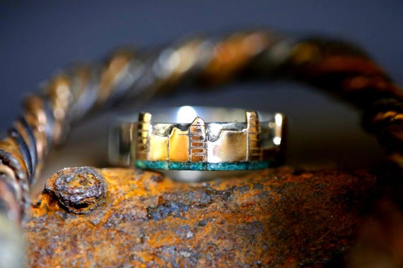 The New Yorker Girl's Ring, Silver ring with Bronze Building and Green Malachite Central Park inlay, Promise ring, engagement ring