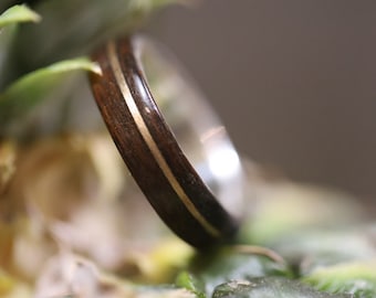 Mens Wood Wedding Band made of Silver, Gold 14k inlay and Rosewood liner, Nature Engagement Ring, Promise Ring for Him, Mens Wood Ring,