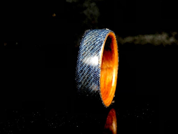 Original and personalized denim pants ring, unique handcrafted wood and blue jeans ring, perfect gift ring handmade in Canada