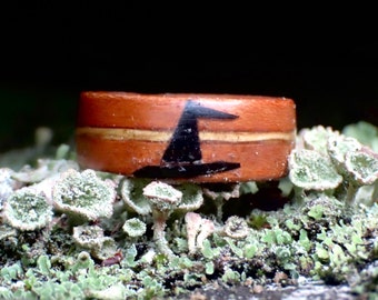 The Salem Witch Ring, Magic Hat and inlay of Flying Broom, The Strong Women Ring, Wooden RIng, Broom Ring, Witches Jewelry, Made in Canada