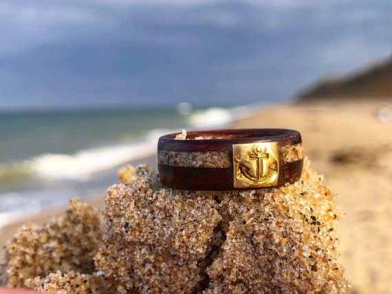 The CapeCod Nautic Ring made on Beach Inlay and Brass Anchor, Nautic Ring, Nautic Jewelry, CapeCod North East, Wooden Ring, Wood Ring,