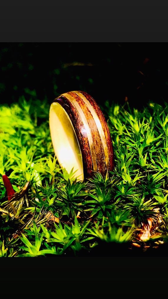 Wood Wedding Ring for Men, Gold Wire Inlay, 14K Yellow Gold Band, Wooden Ring, Bridal Ring, His Her Band