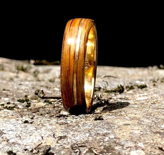 14K Yellow Gold Whiskey Barrel Wooden Ring, Gold Wood Ring, Engagement Band, 18K Gold Band, Yellow Gold Rings