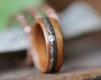 Wooden Ring with Diamond, Men's Wedding Band, Military Ring, Vintage Jewelry, Customized Ring, Made in Canada