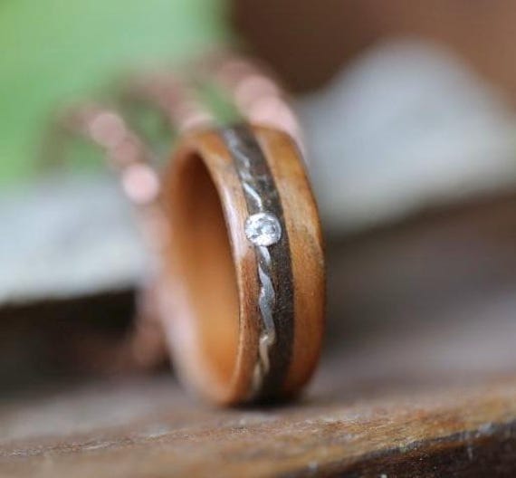 Womens Wooden Wedding Band made with moissanite 3mm, Nature Inspired Ring, Wedding Anniversary Ring, Minimalist Ring,