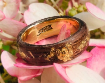 Mens Wedding Bands made of inside Yellow Gold 14k or 18K , Walnut wood RIng, 24K Gold Leaves, Wooden RIng, Gold Ring, Women wedding bands,