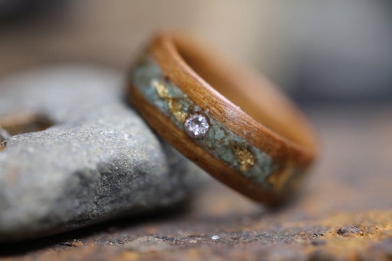 Cherry Wood Ring with Stone and Turquoise Inlay, Customizable Wood Ring, Wood Bands, Wooden Ring, Wooden Jewelry