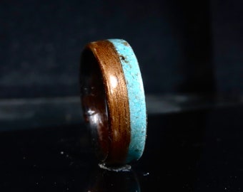 The Navao Turquoise American Walnut RIng was made to provide Harmony, Wood Wedding Band, Turquoise ring, Eco Ring, Wooden  Turquoise