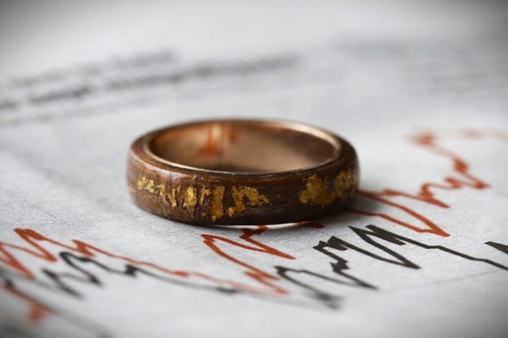 14k Gold Ring, Men's Wedding Ring, Handmade Gold Wood Ring, Walnut Wood Ring, Minimalist Jewelry, Gold Band Ring