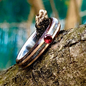 Puede incluir: Un anillo con una banda oscura y texturizada, una incrustación metálica y una pequeña piedra preciosa roja, redonda y facetada, engastada en la superficie. La banda tiene un interior liso y pulido que contrasta con el exterior rugoso.