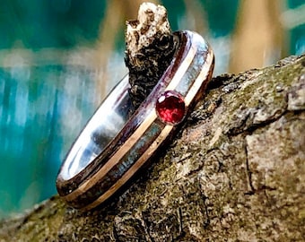 Red ruby women engagement ring made with silver line, turquoise gemstone and double gold inlay, Mens wedding rings, Women Ring, Women Ring
