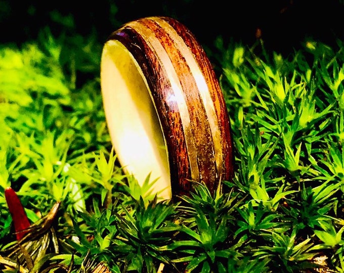 The Honey Bee Wooden Ring bring aboundance, Made of Rosewood , Maple Sugar , Gold 14k inlay, Vintage engagement ring, Anniversary