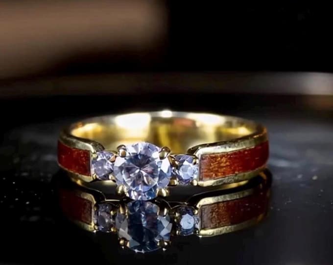 Moissanite Cherry Wood Trinity Ring,  Gold Engagement Band, Women Wedding Ring