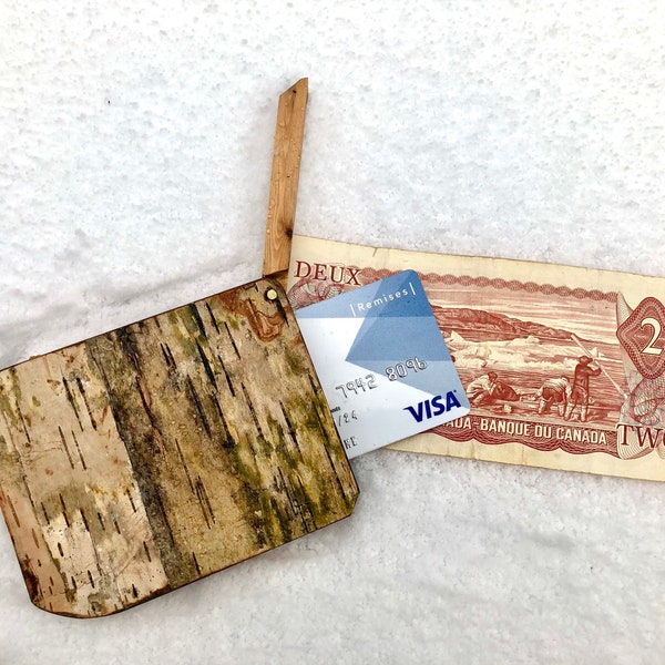 Porte feuilles en bois de bouleau avec fil d'or 14K, Fait à la main au Québec, Porte cartes Achetez local, Porte monnaie en bouleau sacré