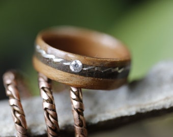 Wooden Ring with Diamond, Men's Wedding Band, Military Ring, Vintage Jewelry, Customized Ring, Made in Canada