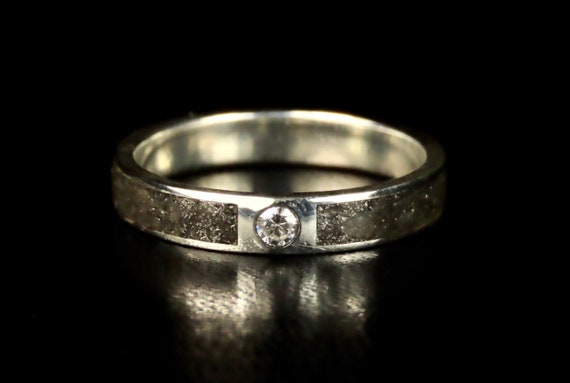 Moissanite Meteorite Inlay Ring, 18K White Gold, Wedding Band, White Gold Ring, Made in Montreal
