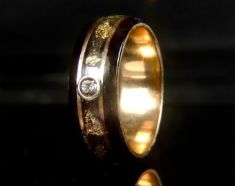 The President Ring, Moissanite «Lab Diamond 3mm Round Cut. Meteorite Inlay, 24K Gold Leave, Ebony Wood Ring made in Montreal