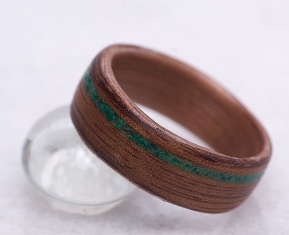 Green Malachite Wood Ring – Recycled Engagement Band – Men’s Rustic Wedding Ring – Eco Handmade Jewelry