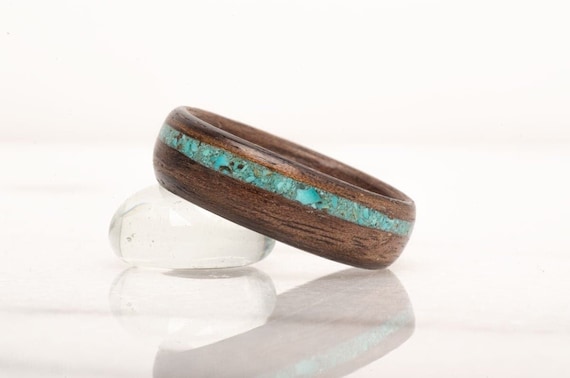 Turquoise Walnut Ring – Women’s Wooden Ring – Men’s Eco Wood Band – Viking Style Ring – Boho Funky Jewelry