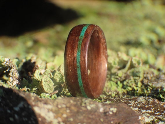 Green malachite and recycled wood engagement ring for men