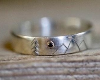 Solar Eclipse Ring with Black Diamond, Silver 925 Band, Mountain and Forest, Engagement Band, Nature Inspired