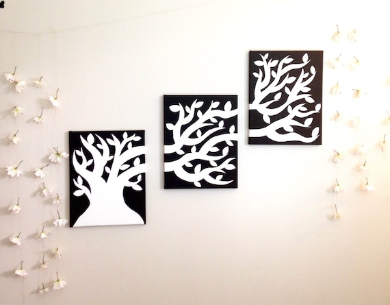 Items similar to Black and white original art: 3 piece tree painting on ...