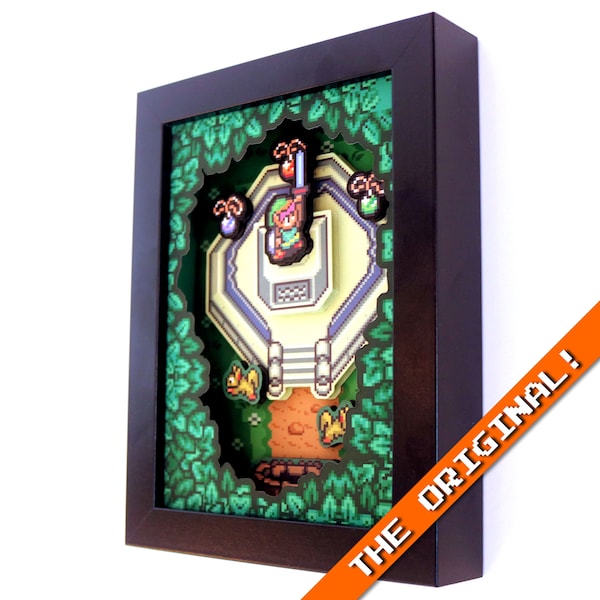 Zelda 3D Shadow Box con Master Sword de Legend of Zelda: A Link to the Past para Nintendo en 16 Bit Style 5x7