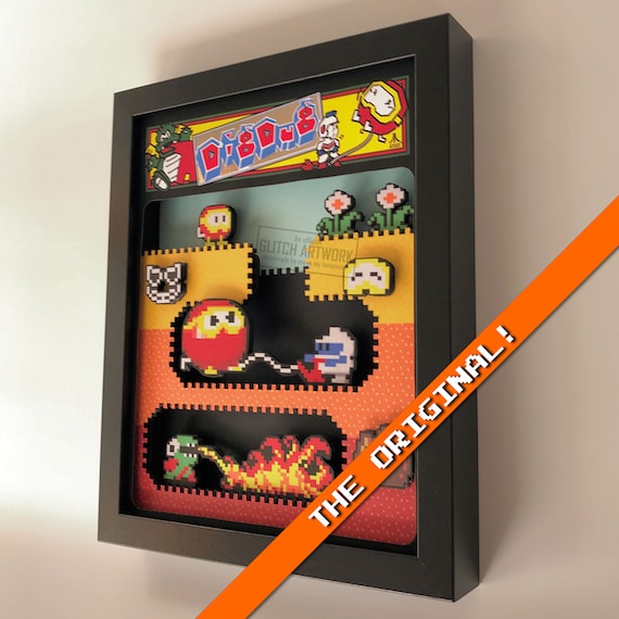 Dig Dug Shadowbox 8x10 Classic Retrogaming Art Shadow Box Diorama by Glitch Artwork