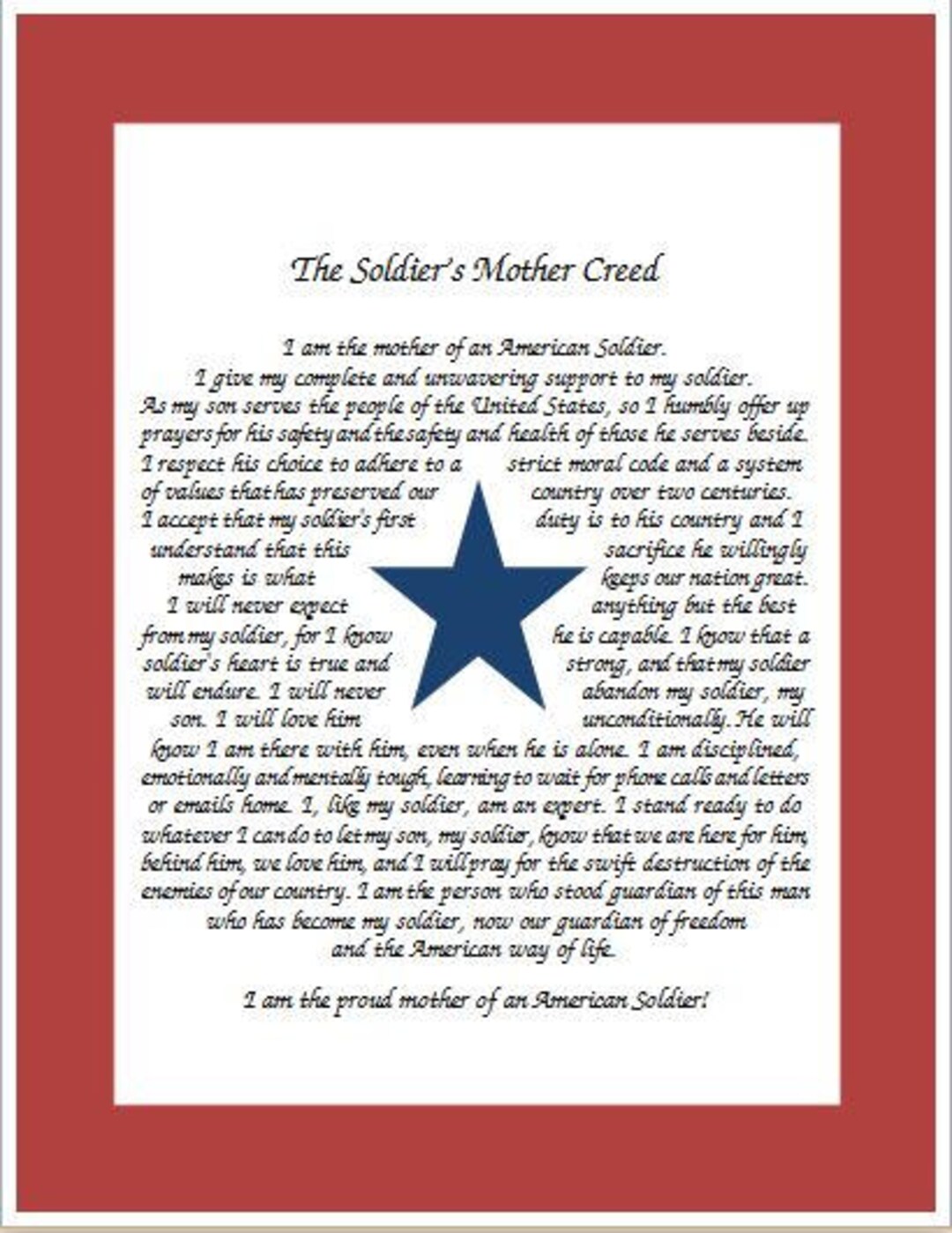 Blue Star Flag Print With the Soldier's Mother Creed - Etsy