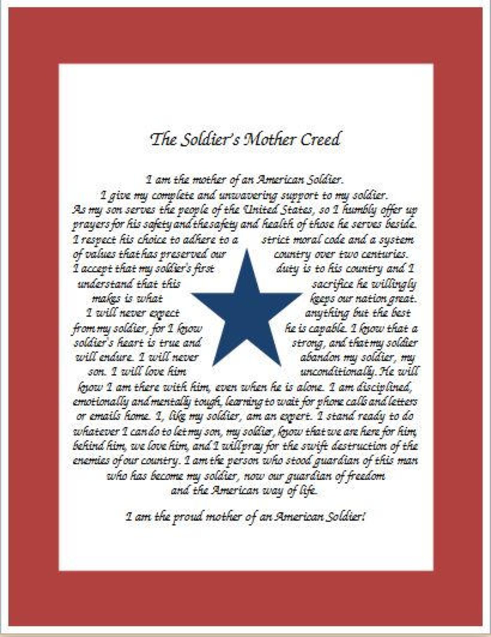 Blue Star Flag Print With the Soldier's Mother Creed - Etsy