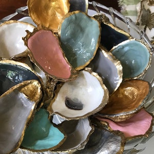 Painted oyster shells, oyster shell art, gold oyster shells