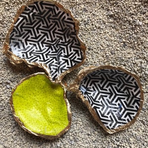 Decoupaged/painted Oyster shell ring dish, Decorated oyster shell, trinket ring bowl, hostess gift, shell jewelry holder, -Abstract and lime
