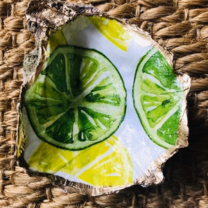 Painted oyster shell, ring dish, salt cellar, hostess gift, birthday or shower gift. Designer oyster shells. Pattern name-Limeade