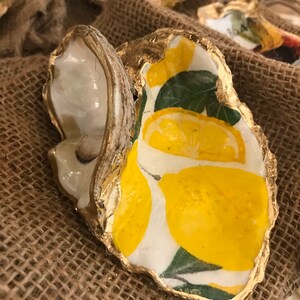 Oyster shell ring dish  Decoupaged oyster shell trinket bowl hostess gift, shell jewelry holder -pattern Lemons