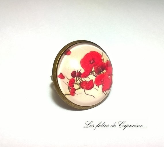 Red Liberty Bracelet Cabochon Poppies Fleur Noir Rouge