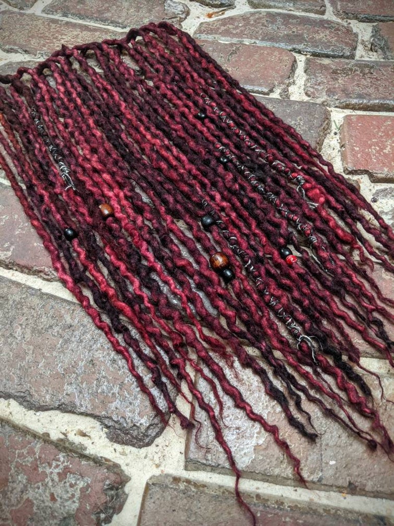 Burgundy Partial Set of Wool Dreadlocks Decorated