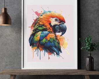 Parrot cross stitch pattern, exotic bird cross stitch pdf pattern, modern embroidery design, modern cross stitch pattern, DMC pallet