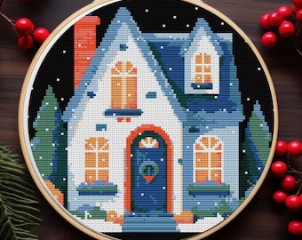 Winter House Cross Stitch Pattern, Christmas Scene (PDF chart)