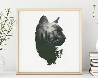 Black Cat Cityscape Cross Stitch Pattern (PDF)