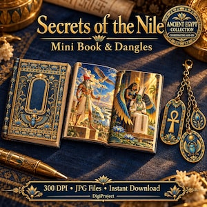 May include: A mini book titled Secrets of the Nile with blue and gold covers, featuring illustrations of Egyptian deities inside. Includes gold-toned metal dangles with an ankh and scarab beetle design, plus a matching gold pen.