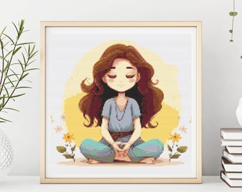 Boho Meditation Girl Cross Stitch Pattern (PDF Pattern)
