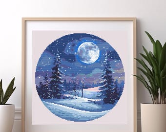 Winter Night Cross Stitch Pattern, Christmas Embroidery (PDF Chart)