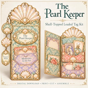 Pearl Keeper Loaded Tag Kit, Shell Shaped Tag, Vintage Mermaid Ephemera, Printable Pockets, Mini Envelopes, Junk Journal Digital Kit