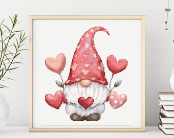 Valentine's gnome cross stitch pattern, love cross stitch pattern, cute easy embroidery design, DIY cross stitch pattern,  pdf chart pattern