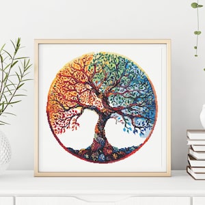 Può includere: Un dipinto colorato di un albero con radici, rami e foglie in tonalità di rosso, arancione, giallo, verde, blu e viola. L'albero è raffigurato in un cerchio, suggerendo un ciclo di vita.