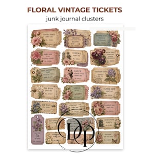 May include: A collection of rectangular paper tickets featuring vintage floral illustrations and printed text such as Garden Party, Theatre, and Cinema. The tickets are arranged in a grid, displaying various muted colors, decorative borders, and serial numbers.
